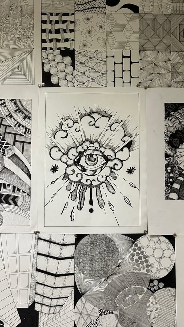 Pattern practice sheet, radiant eye — ink