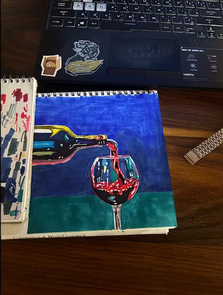Still life — wine pour, gouache