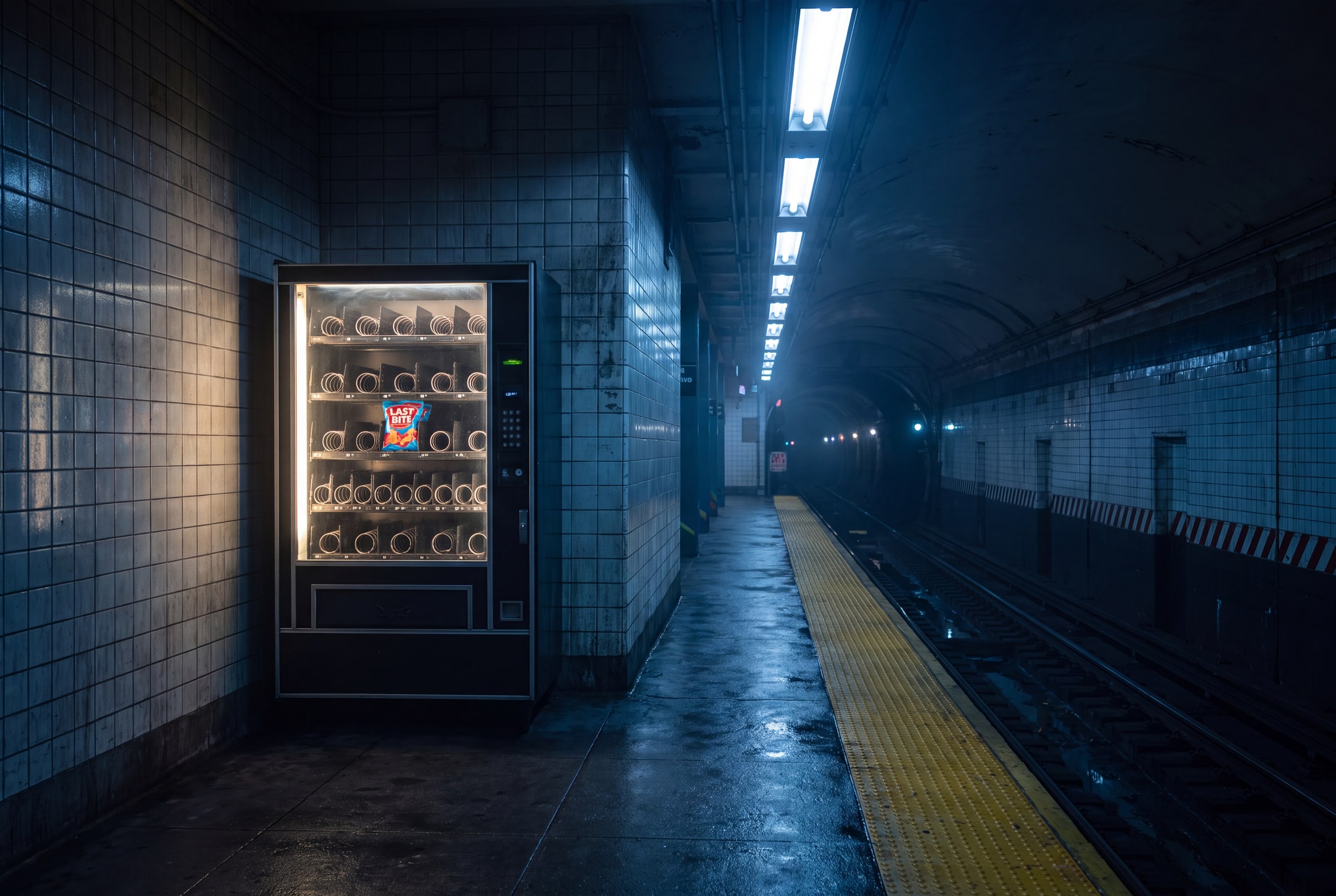Deserted subway platform with lit vending machine